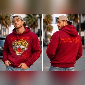 NWT Ed Hardy Tiger Graphic Hoodie Men’s Red Burgundy Streetwear Y2K Pullover